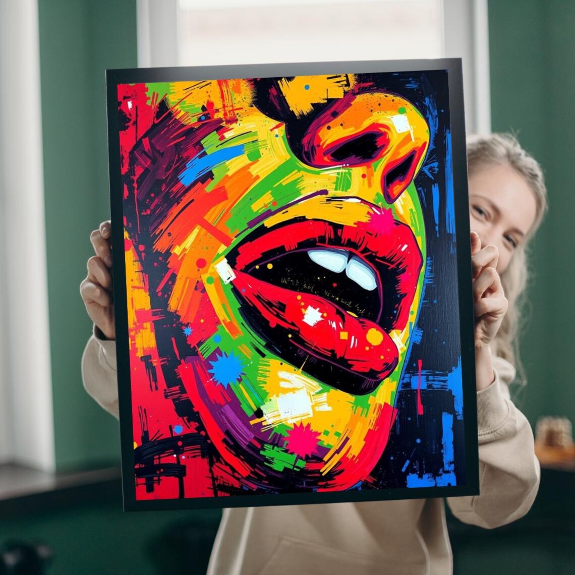 Abstract Woman Face Art Poster Bold Graffiti Colors Lips Close Up Decor
