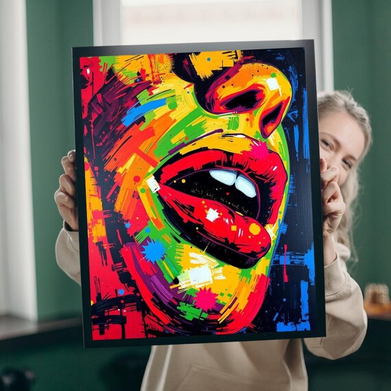Abstract Woman Face Art Poster Bold Graffiti Colors Lips Close Up Decor