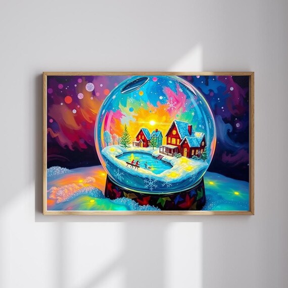 Colorful Snow Globe Winter Village Ice Skating Christmas Poster