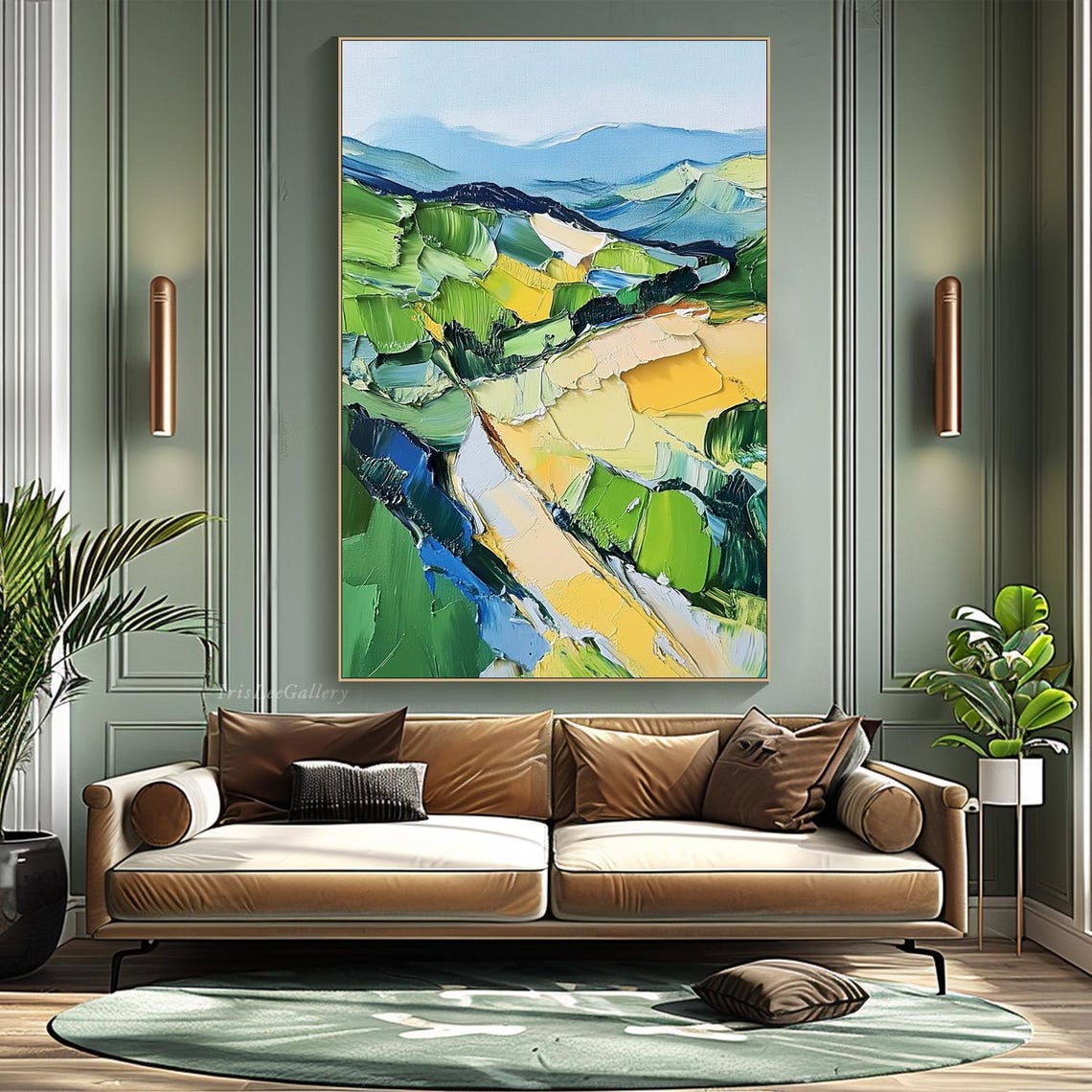 Colorful Patchwork Mountain Valley River Impasto Painting Wall Art - Image 4