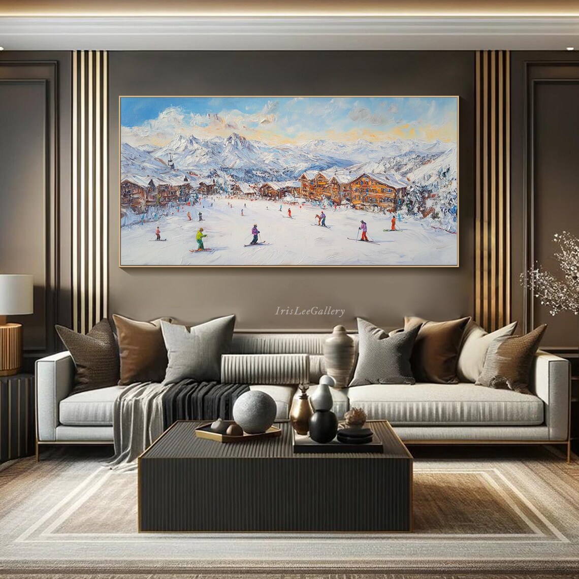 Ski Resort Village Chalets Snowy Mountain Skiers Painting Wall Art - Image 4