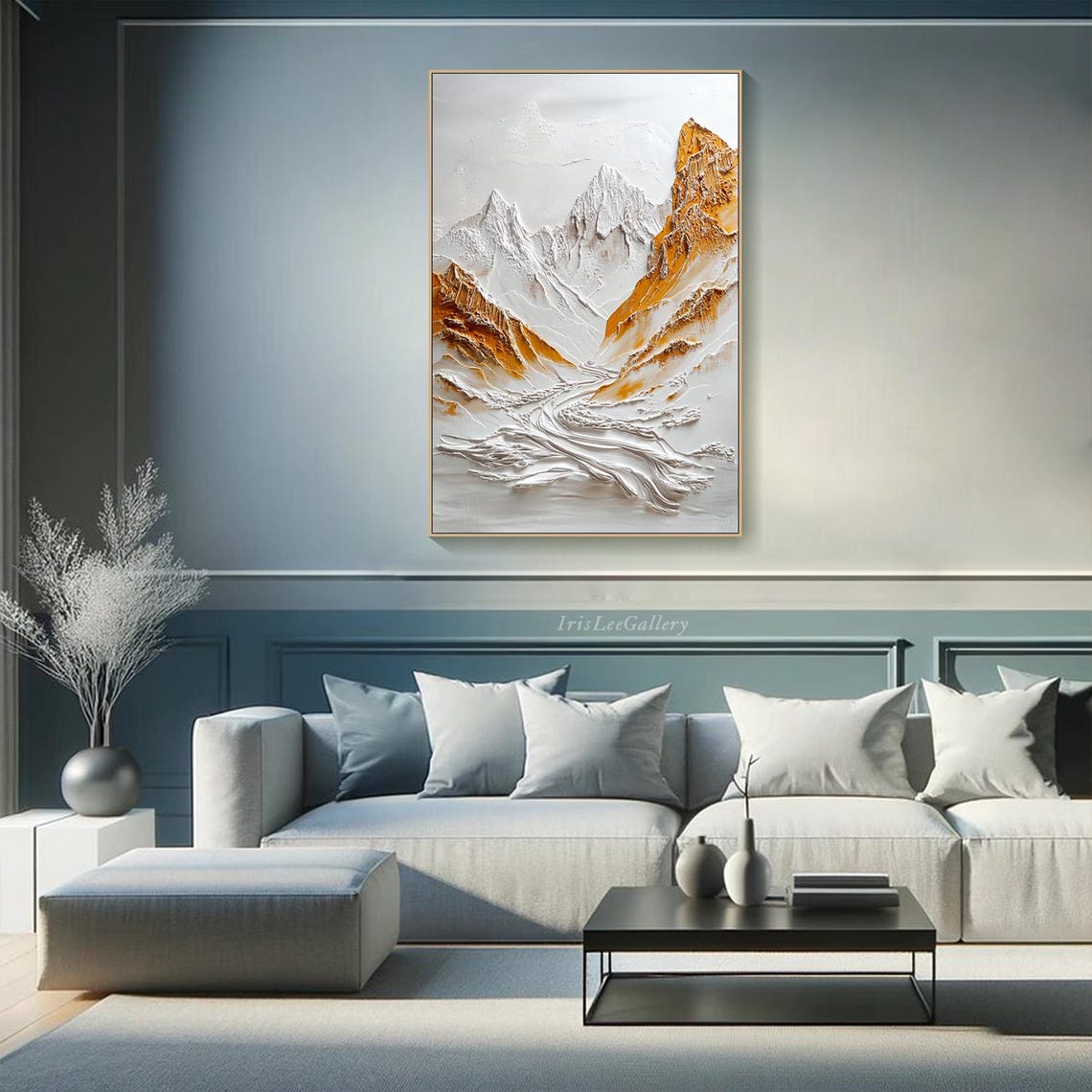 White Gold Mountain Peak 3D Plaster Relief Landscape Wall Art - Image 2