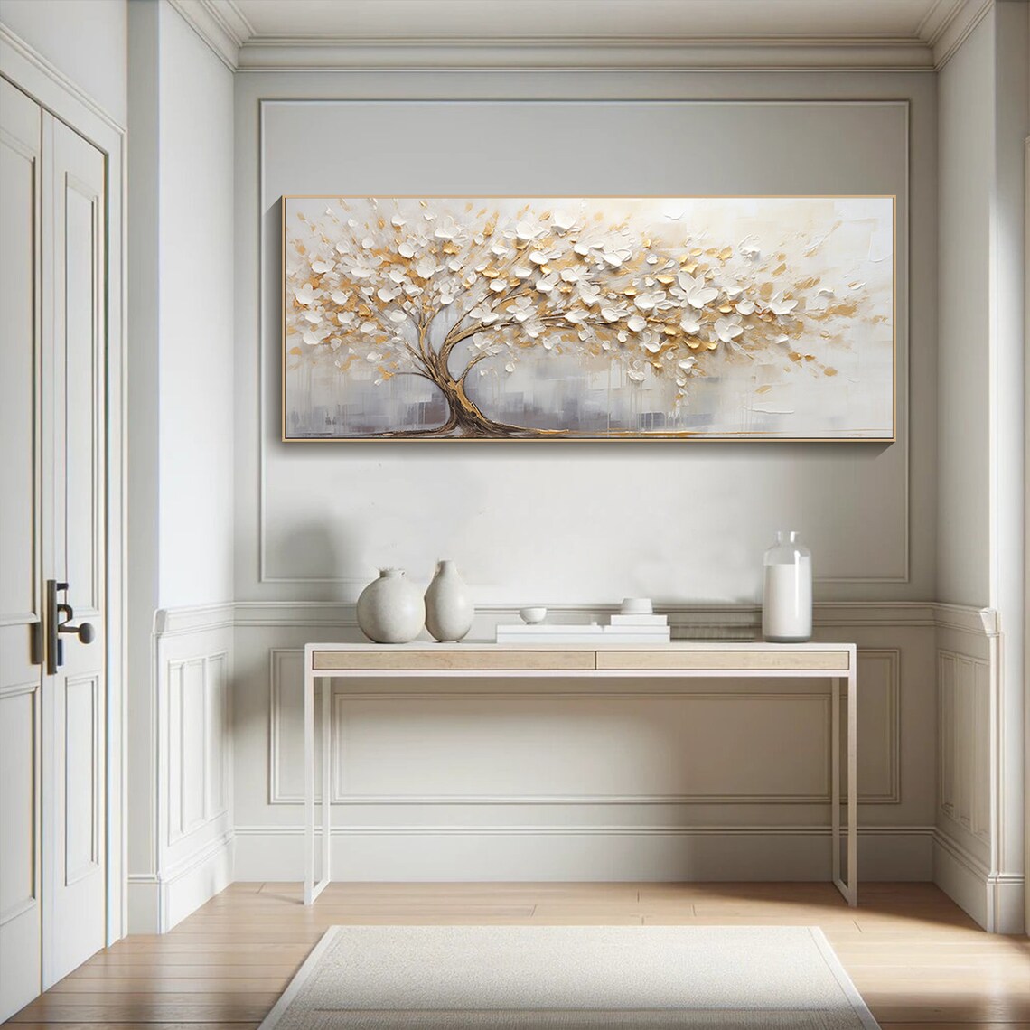 Original Gold White Blooming Painting On 3d Abstract Textured Wall Art Skyward View Tree Art Living Room Art Natural Scenery Painting - Image 3