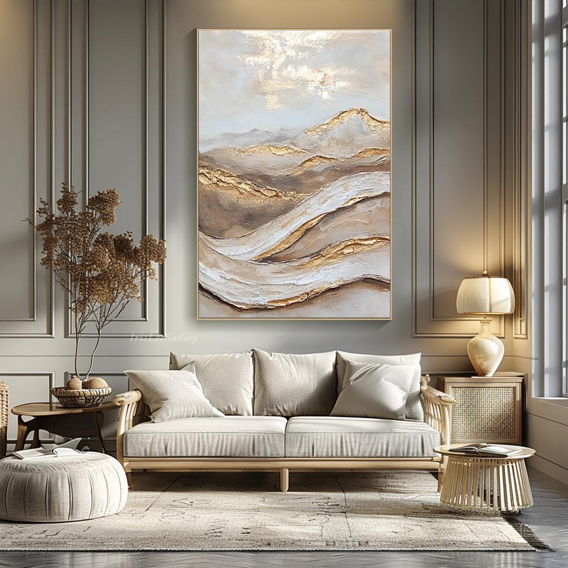 Gold Beige Flowing Ridge Abstract Neutral Landscape Painting Wall Art