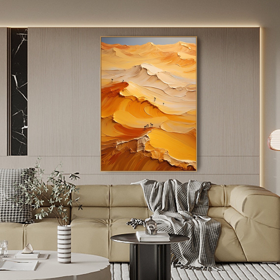Golden Desert Dunes Tiny Camel Riders Impasto Warm Earth Tones Poster - Image 2