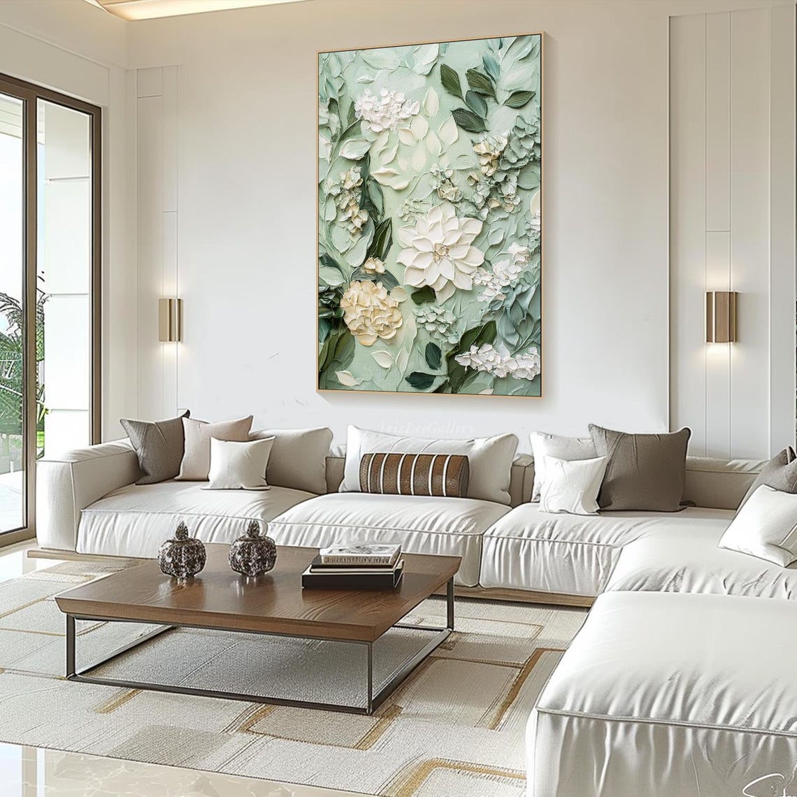 Sage Green 3D Floral Diptych White Blooms Textured Botanical Wall Art - Image 2