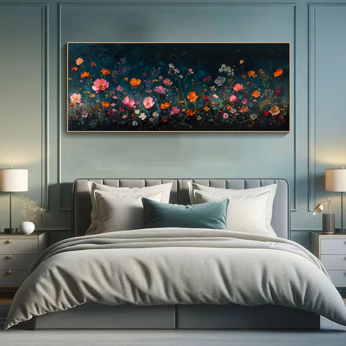 Colorful Wildflowers Coral Orange on Dark Teal Moody Art Poster - Image 3