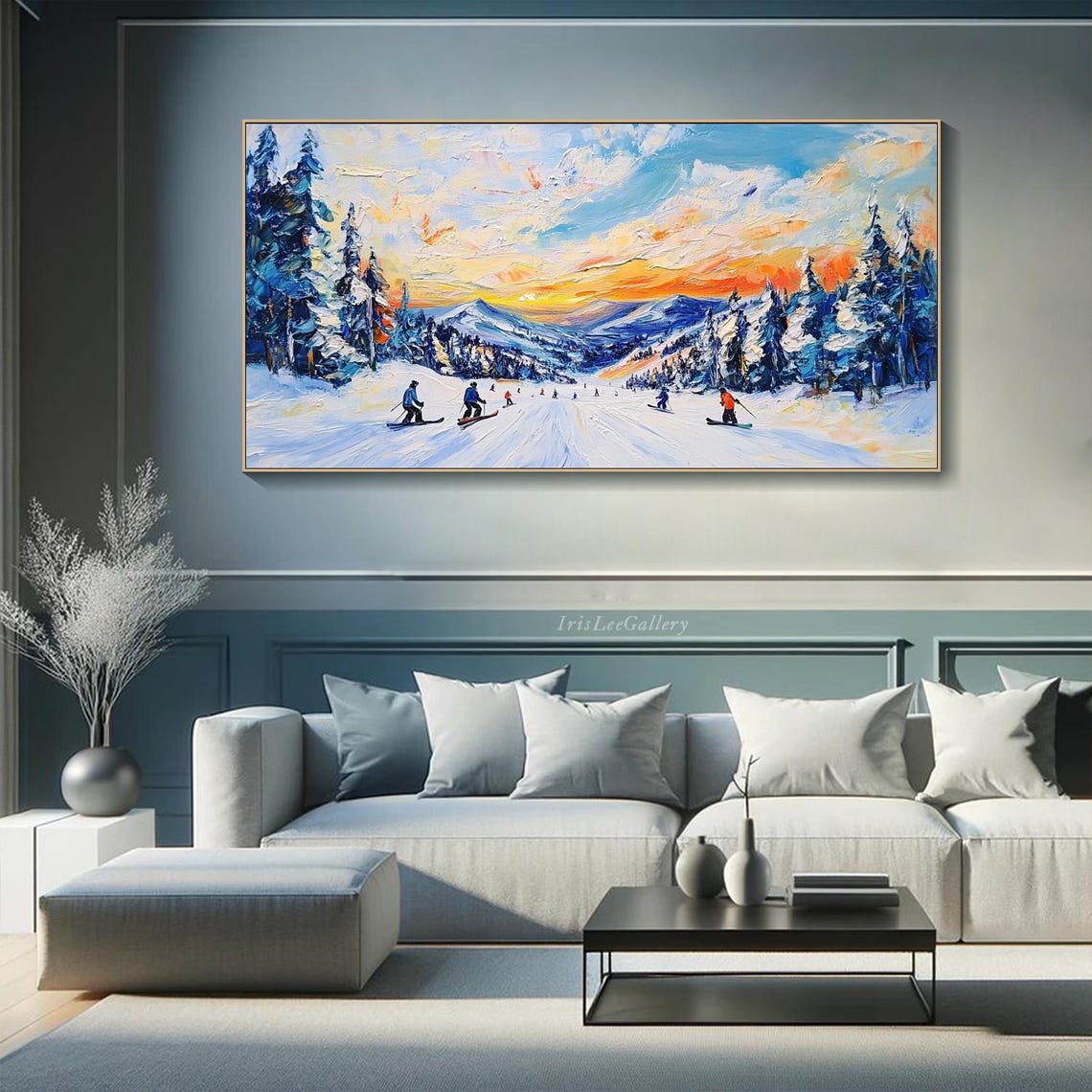 Snowy Mountain Ski Slope Sunset Impasto Action Sports Wall Art