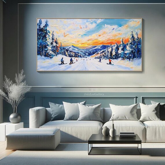 Impasto Skiing Art Skiing Action Painting On Large Textured Snow Wall Art Modern Winter Sports Art Holiday Cabin Snowboarding Decor