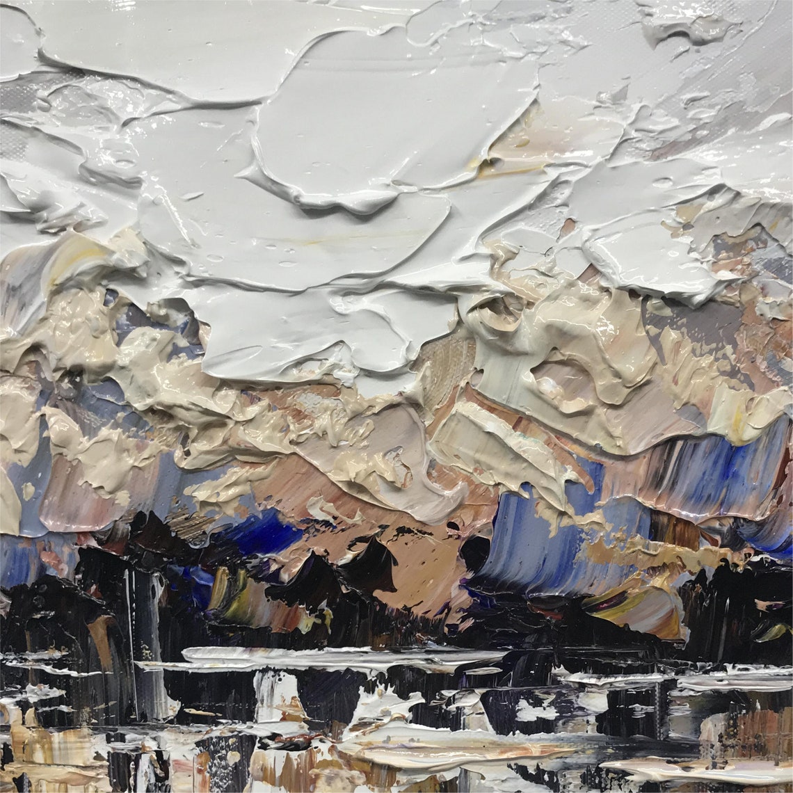 Golden Abstract Waterfront City Reflection Skyline Painting Wall Art - Image 4
