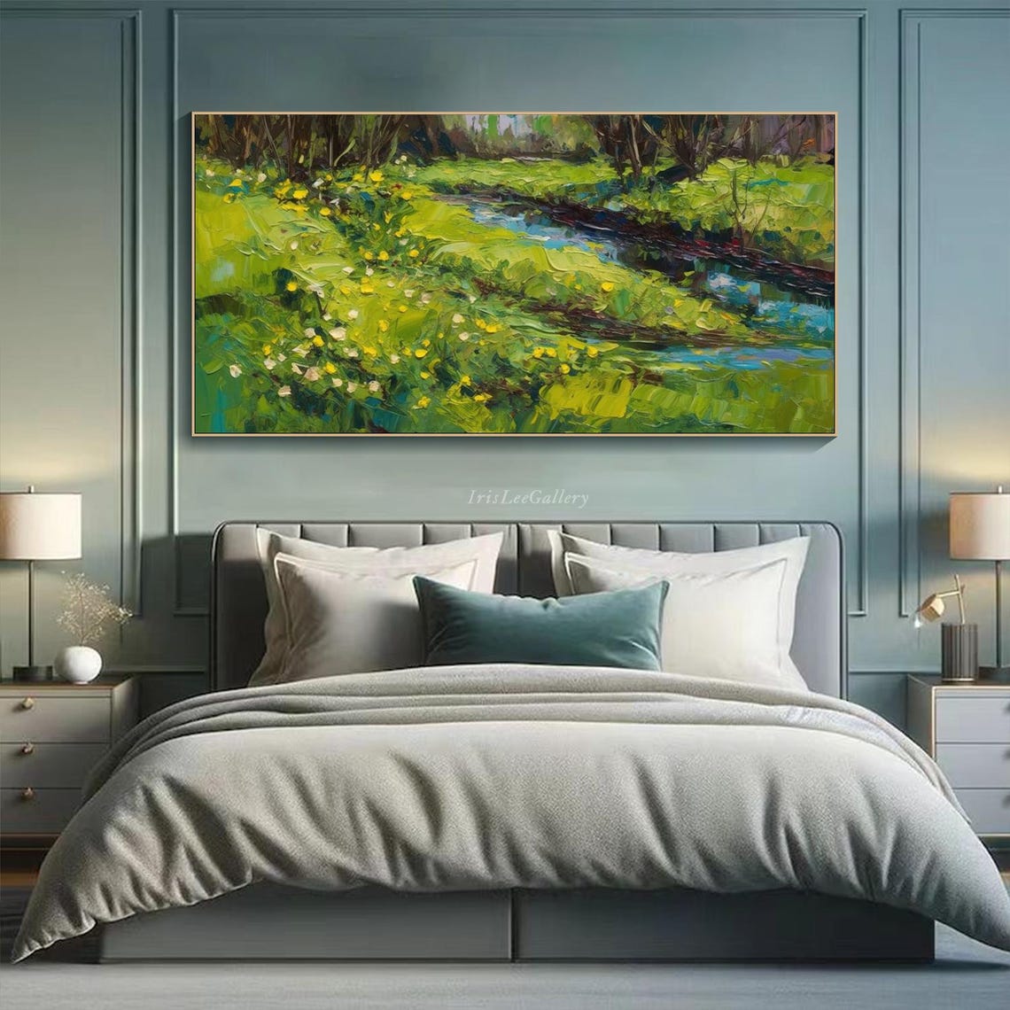 Spring Meadow Painting On Impasto Texture Wall Art Green Yellow Nature Art Modern River Art Vibrant Countryside Art Living Room Art - Image 3