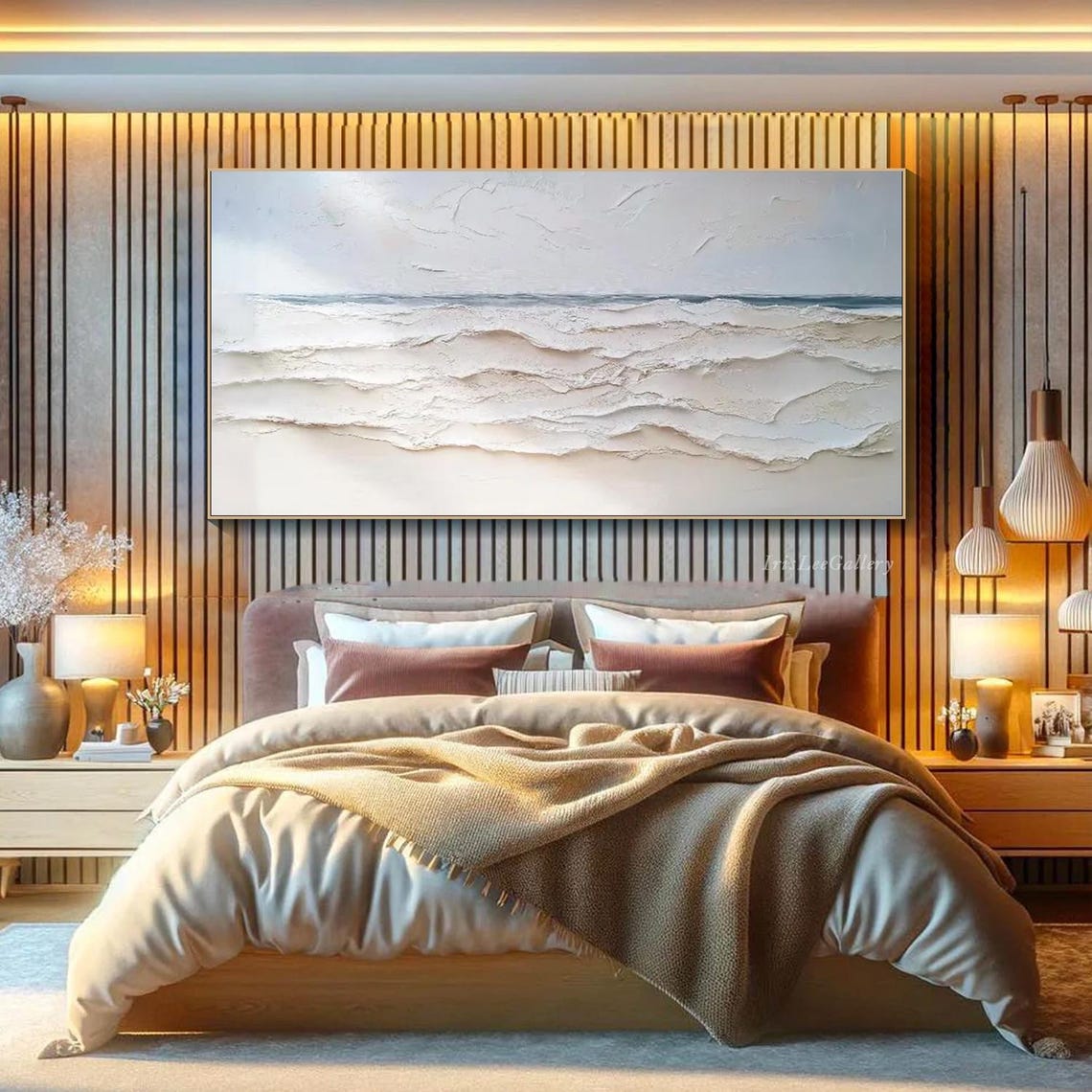 Neutral White Ocean Wave Panoramic 3D Textured Seascape Wall Art