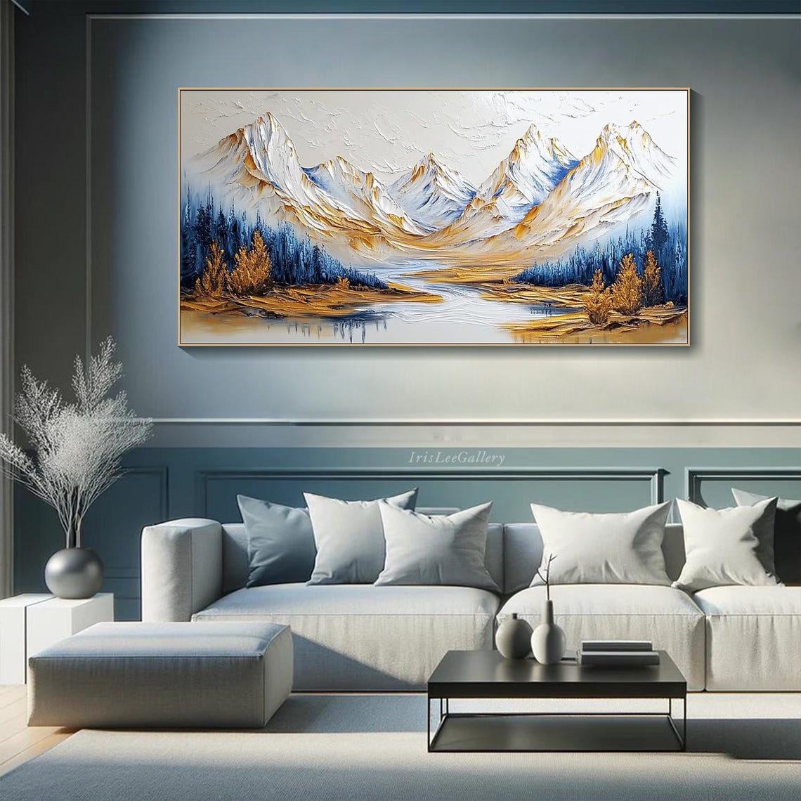 3d Textured Mountain Landscape Painting Gold And Blue Nature Impasto Snowy Peaks Artwork Handmade Painting Modern Wilderness Decor - Image 2