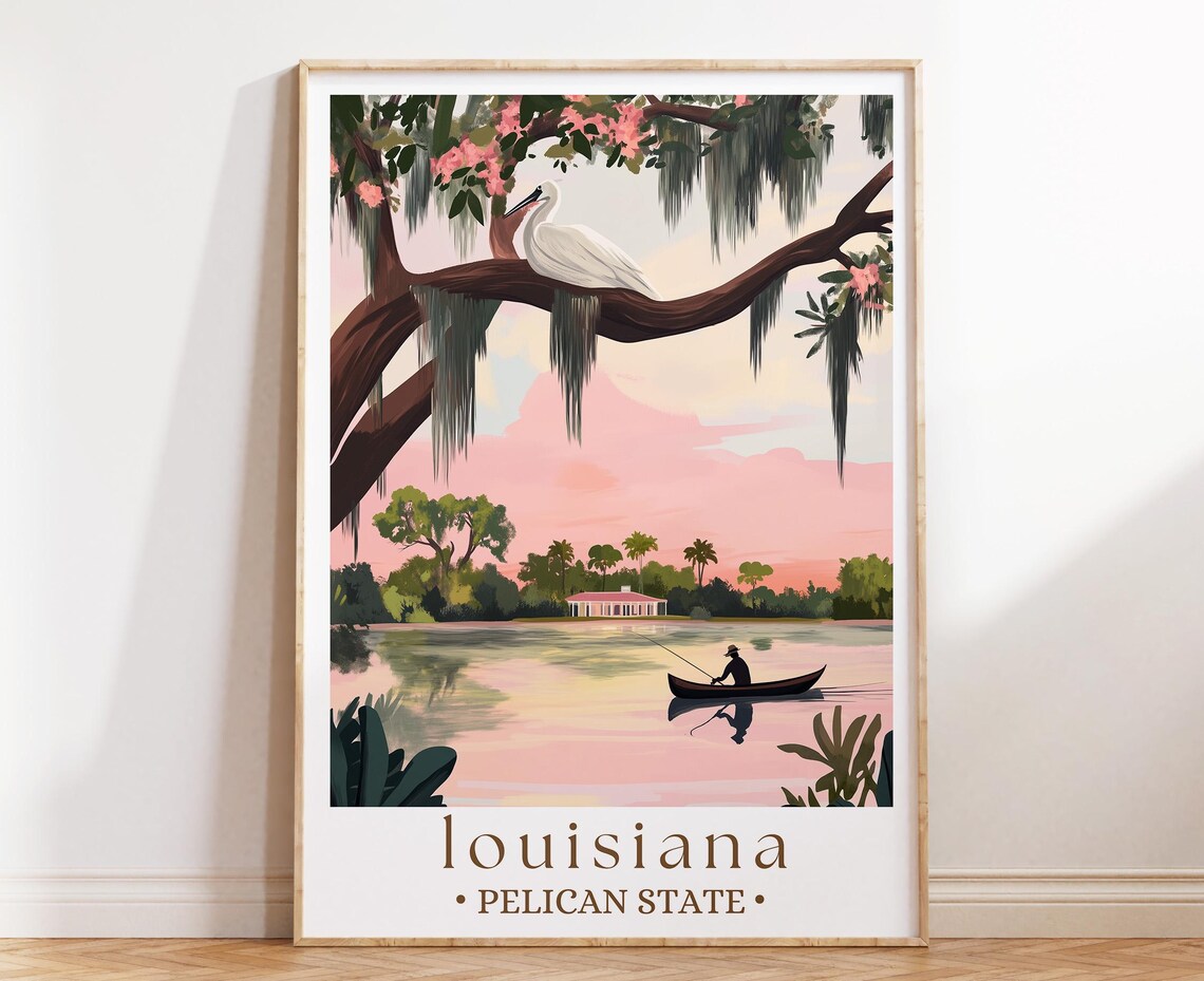 Louisiana Pelican State Travel Poster, Bayou Landscape