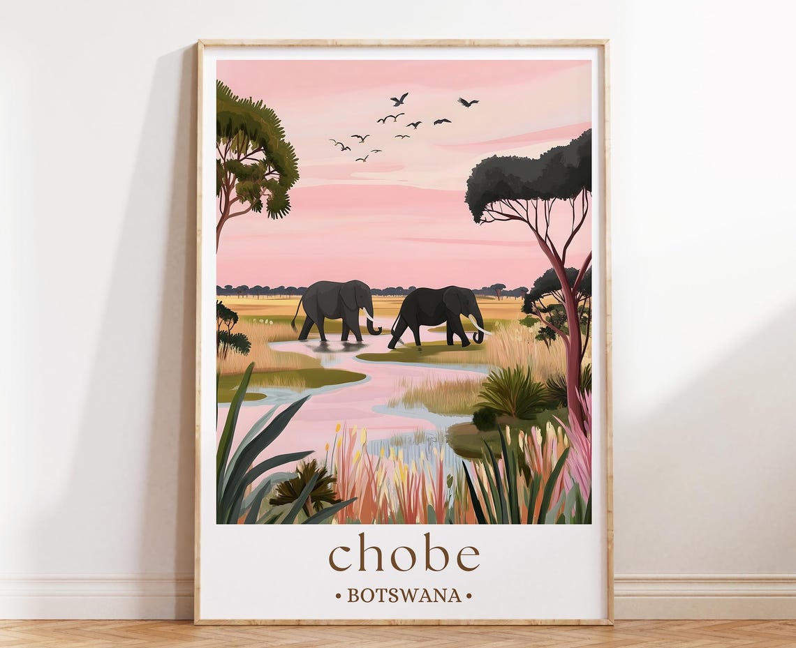 Chobe Botswana Elephants Waterhole Sunset Safari Wildlife Poster