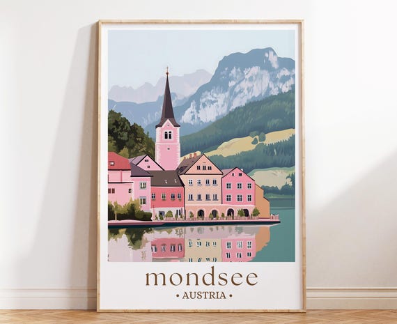 Mondsee Austria Wall Art Lakeside Village Poster Mountain Landscape Illustration European Travel Decor