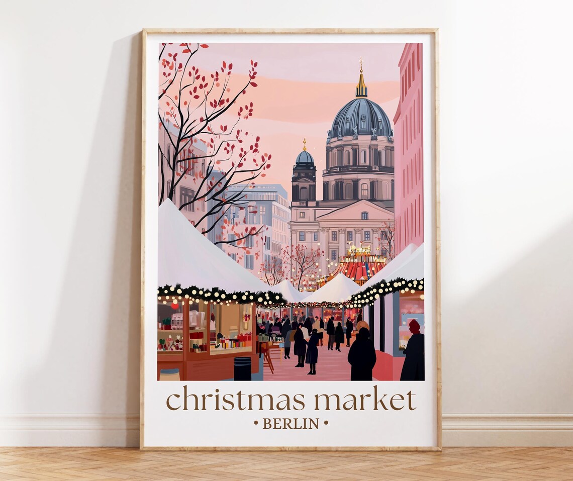 Berlin Christmas Market Travel Poster, Holiday Scene