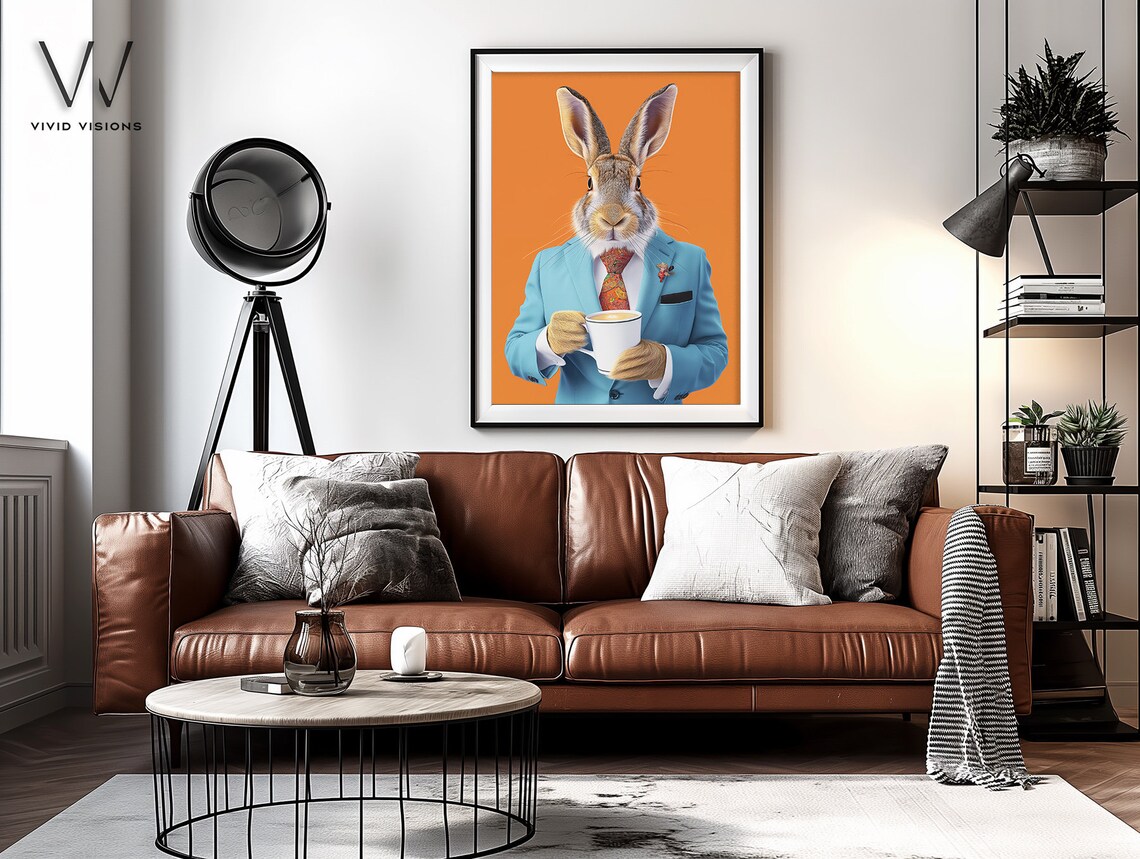 Hare in Turquoise Suit Holding Coffee Mug Funny Office Animal Poster - Image 4