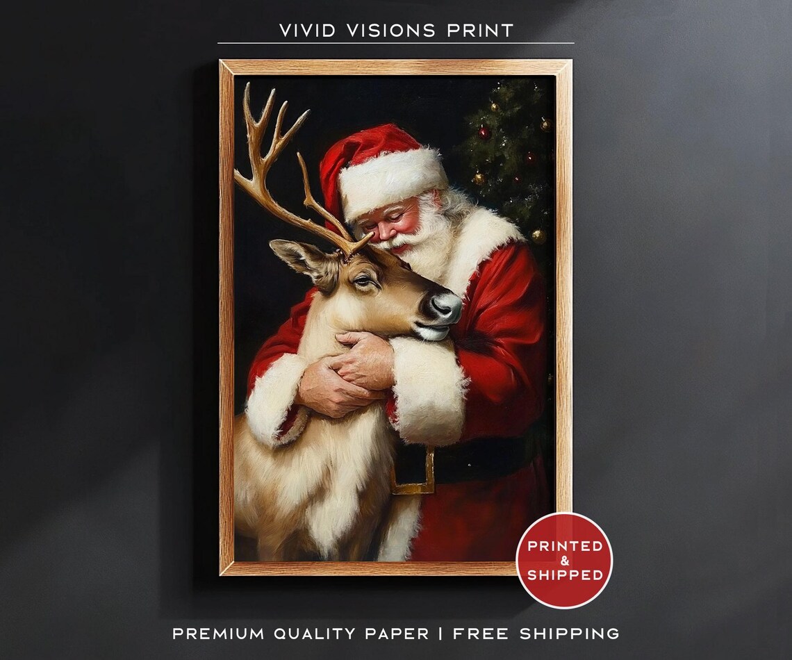 Santa Claus Hugging Reindeer Tender Christmas Eve Holiday Art Poster