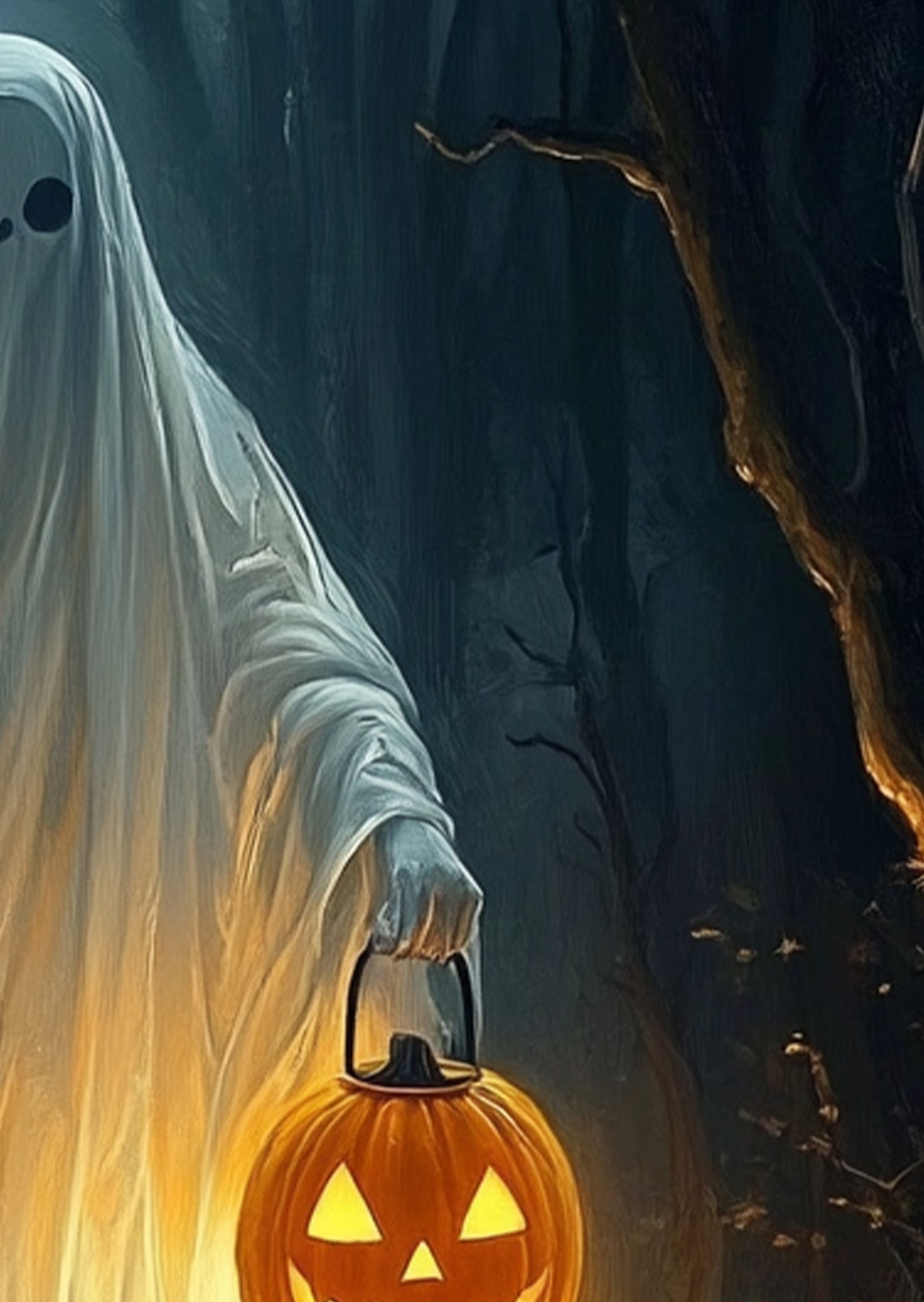 Ghost Carrying A Glowing Pumpkin Lantern Poster Dark Blue Forest Night - Image 2