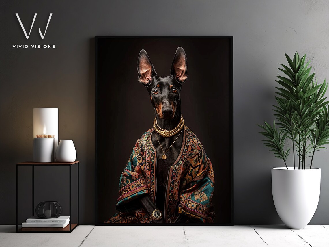 Elegant Doberman In Teal Paisley Jacket Gold Jewelry Art Poster