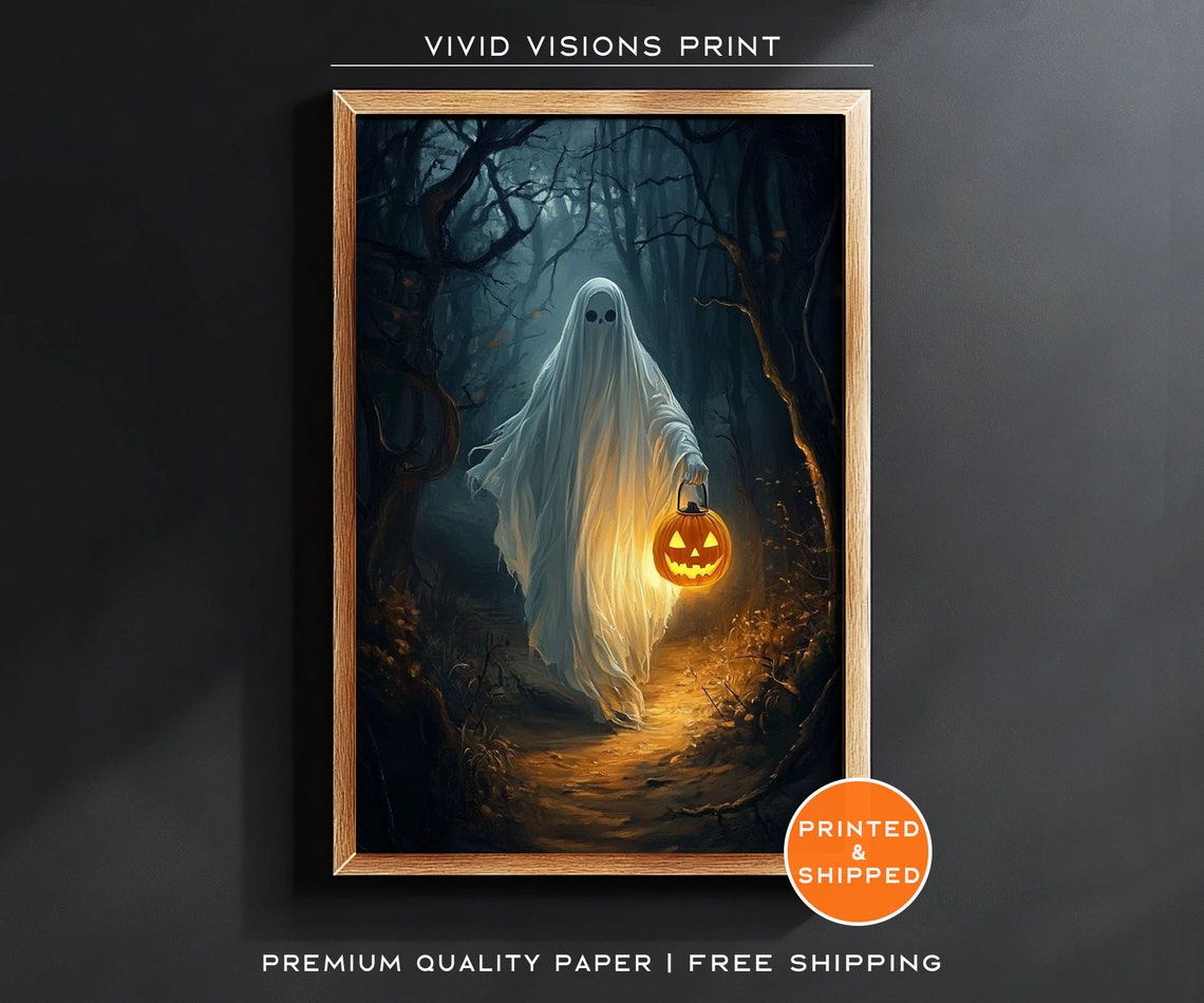 Ghost Carrying A Glowing Pumpkin Lantern Poster Dark Blue Forest Night