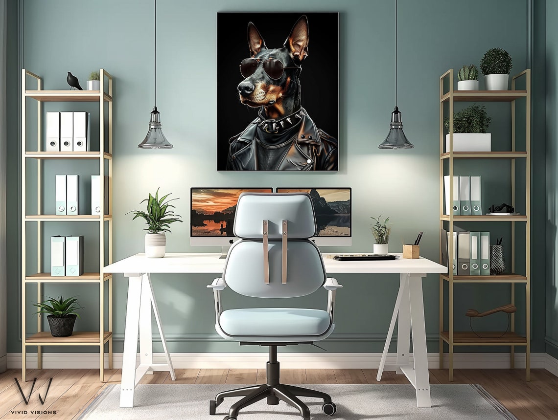Doberman in Leather Jacket Spiked Collar Aviator Sunglasses Poster - Image 3