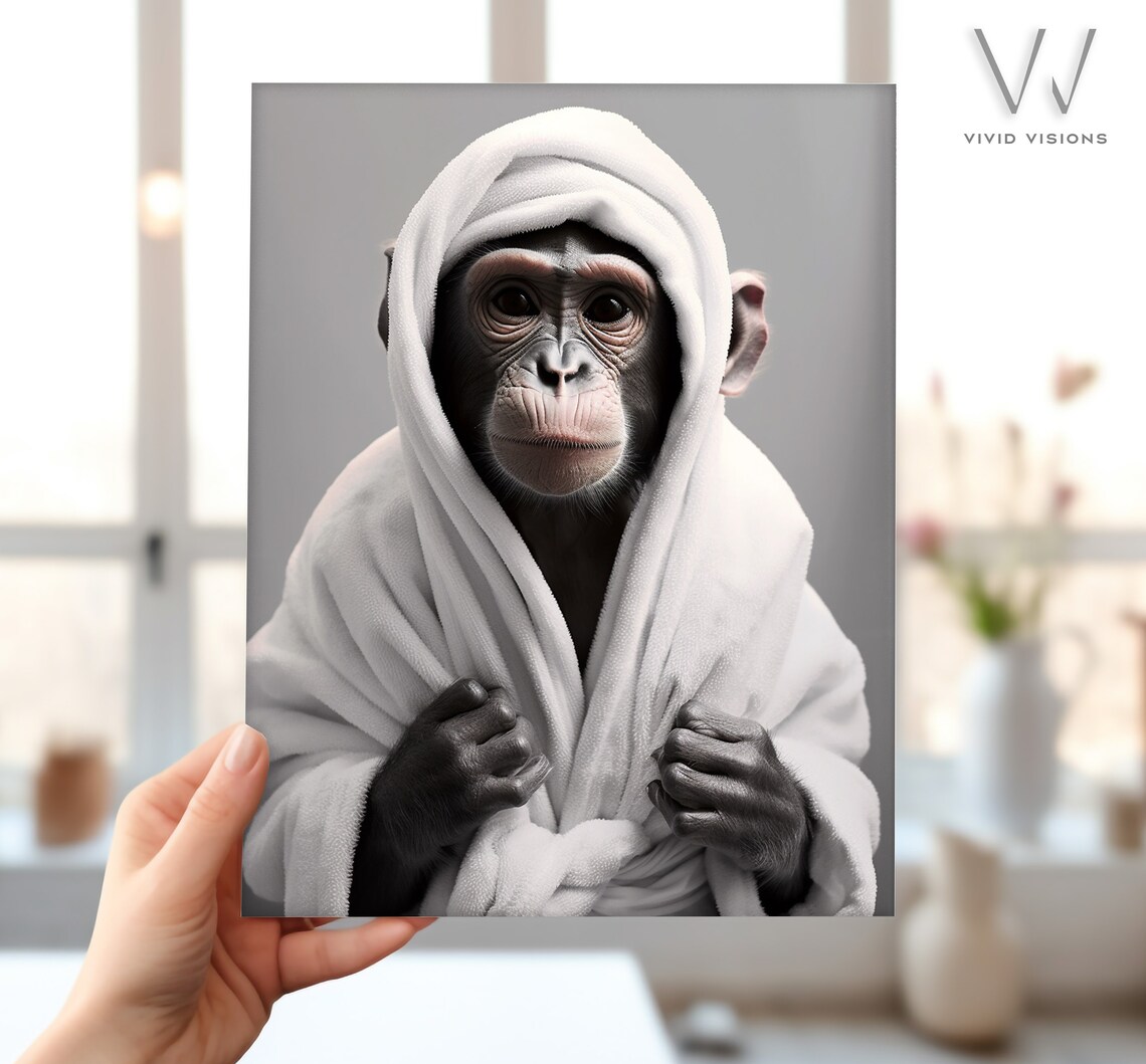 Baby Chimpanzee in a Hooded White Bathrobe Sweet Nursery Poster - Image 4