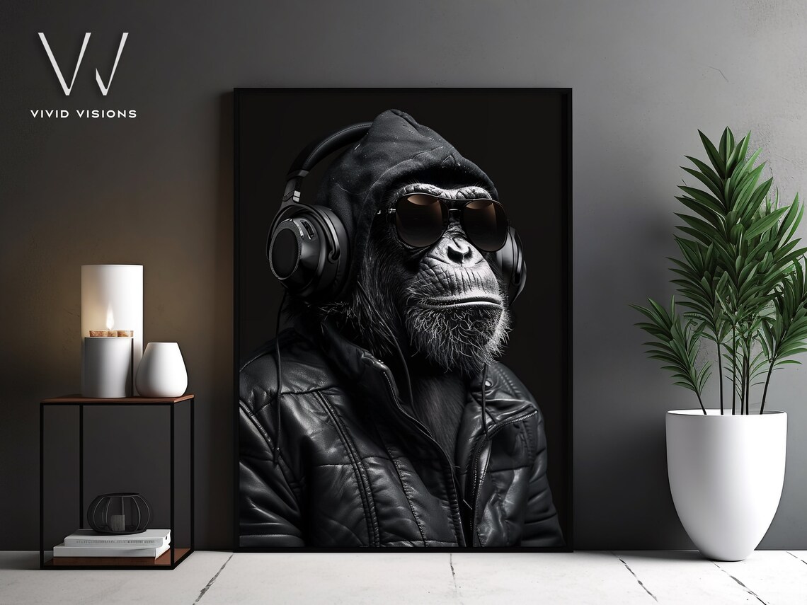 Cool Chimpanzee DJ Headphones Sunglasses Modern Animal Portrait Poster