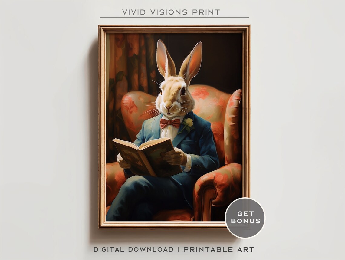 Scholar Rabbit Red Bow Tie Reading Armchair Vintage Animal Poster