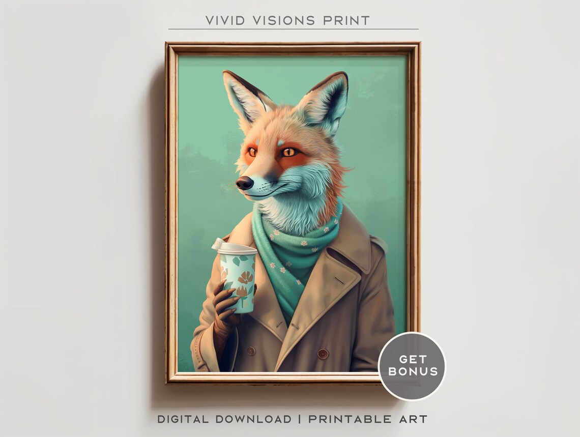Red Fox in Trench Coat with Coffee Cup Cozy Autumn Animal Poster