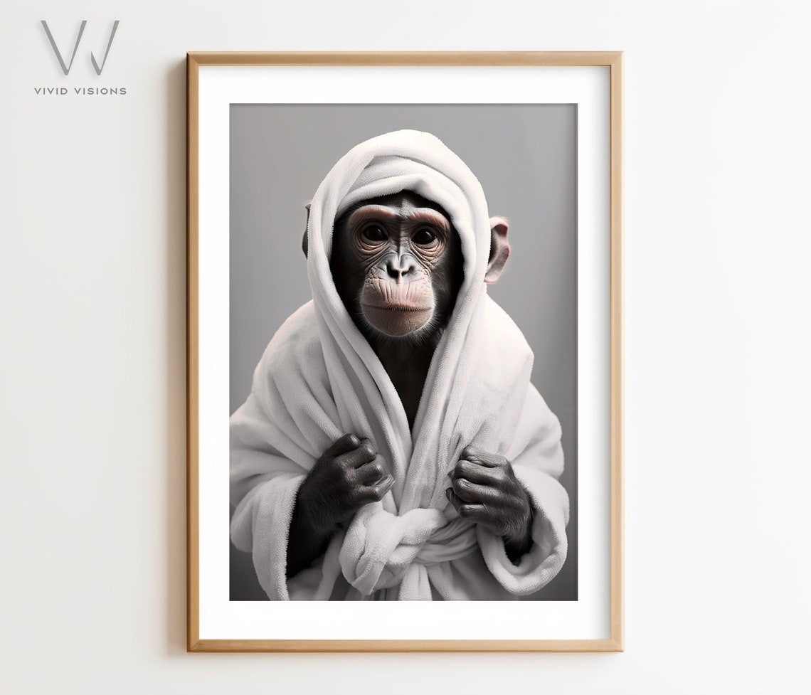 Cute Chimpanzee Wearing a White Bathrobe Hood Funny Bathroom Poster