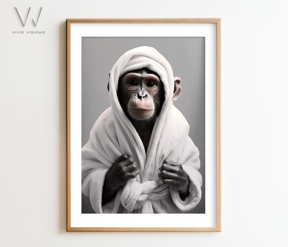 Cute Chimpanzee Wearing a White Bathrobe Hood Funny Bathroom Poster