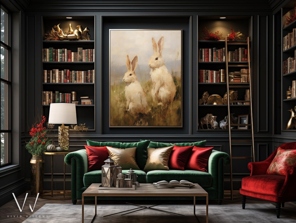 Two Cream Hares in Tall Golden Grass Vintage Spring Art Poster - Image 3
