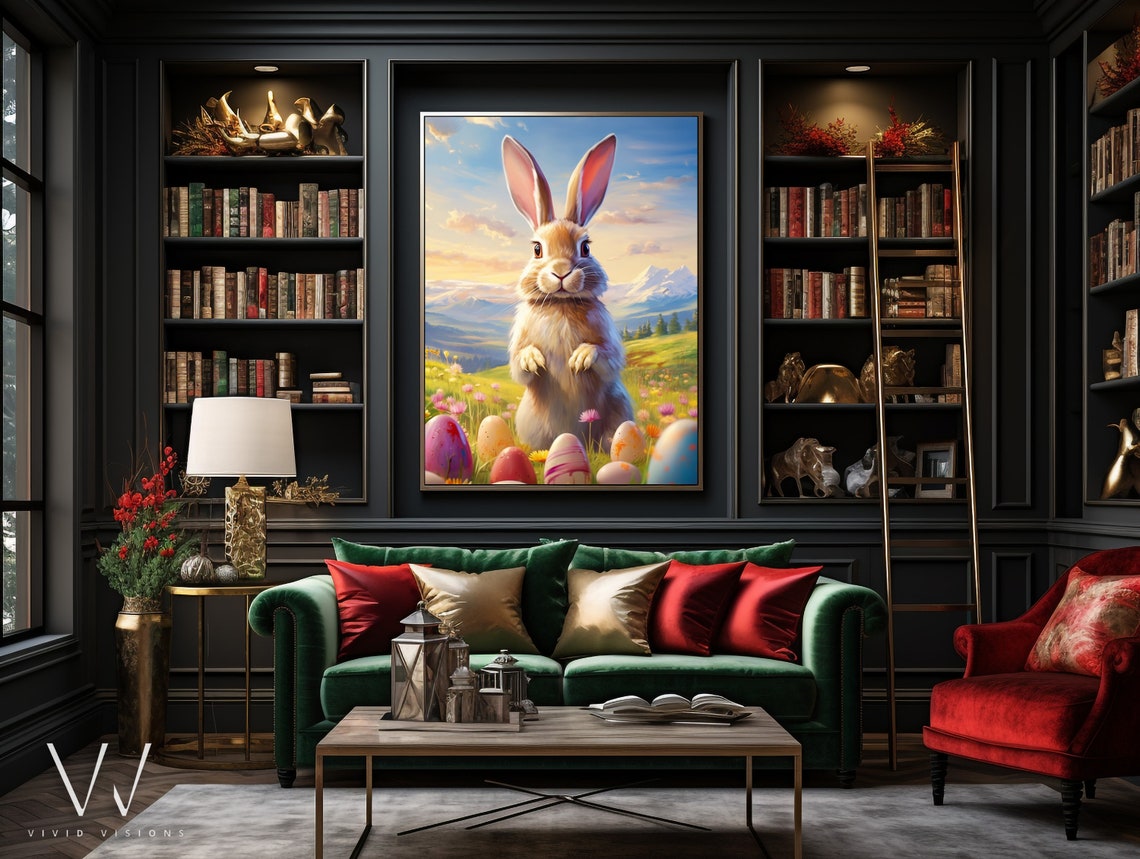 Adorable Easter Bunny Among Colorful Eggs at Mountain Sunset Poster - Image 3