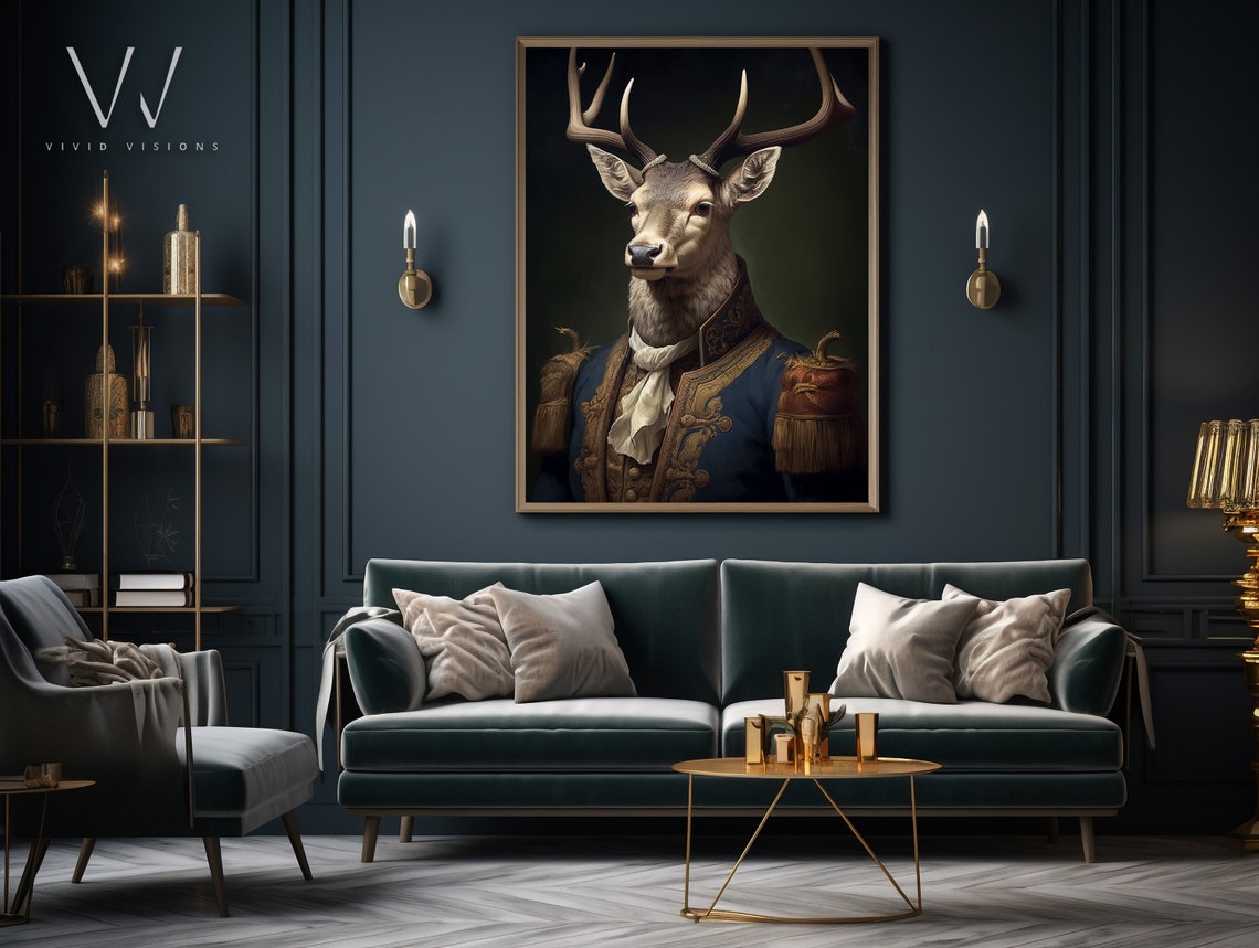Victorian Stag Deer Portrait White Cravat Brocade Coat Poster - Image 3