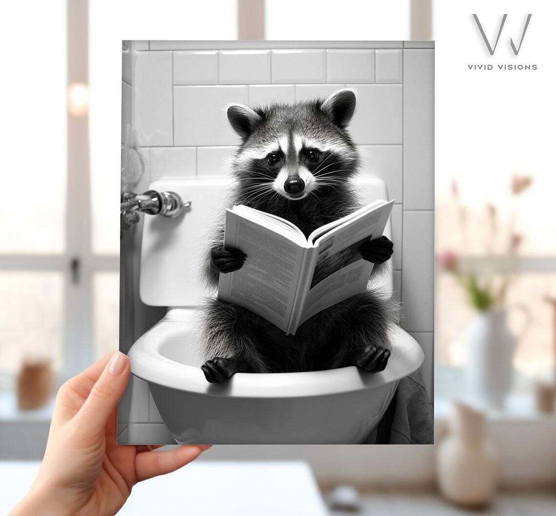 Raccoon Sitting on the Toilet Rustic Bath Art Print - Image 4