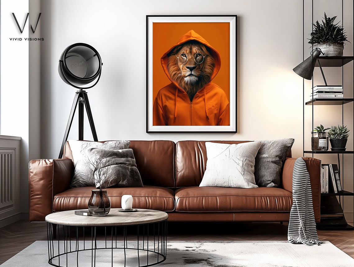 Modern Lion Portrait Stylish Animal Art In Suit Cool Lion In Orange Hoodie Contemporary Wall Art Vintage Poster Unframed Art1351 - Image 4