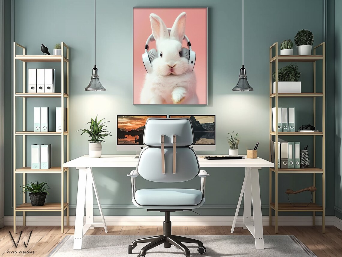 Adorable Bunny With Headphones, Modern Animal Art Print - Image 4