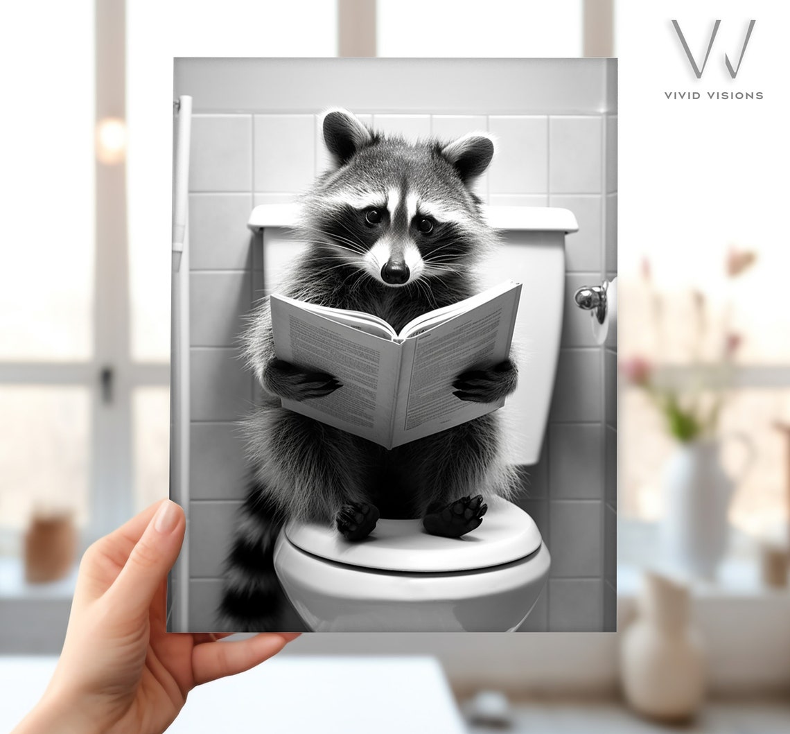 Adorable Raccoon Perched on the Toilet Reading a Book Poster - Image 4
