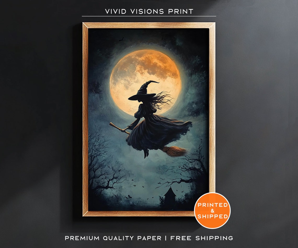 Witch Flying Past A Full Moon Poster Classic Halloween Silhouette Art
