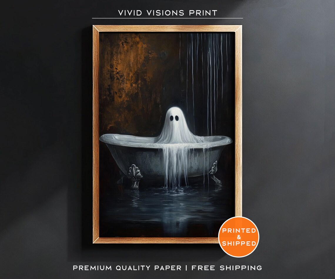 Cute Ghost in Vintage Bathtub Moody Halloween Spooky Painting Poster