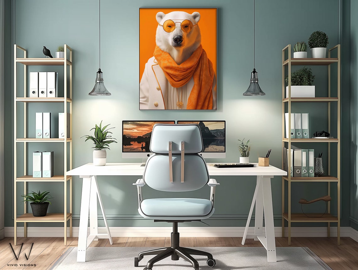 Polar Bear in White Suit Orange Scarf Sunglasses Bold Animal Poster - Image 3