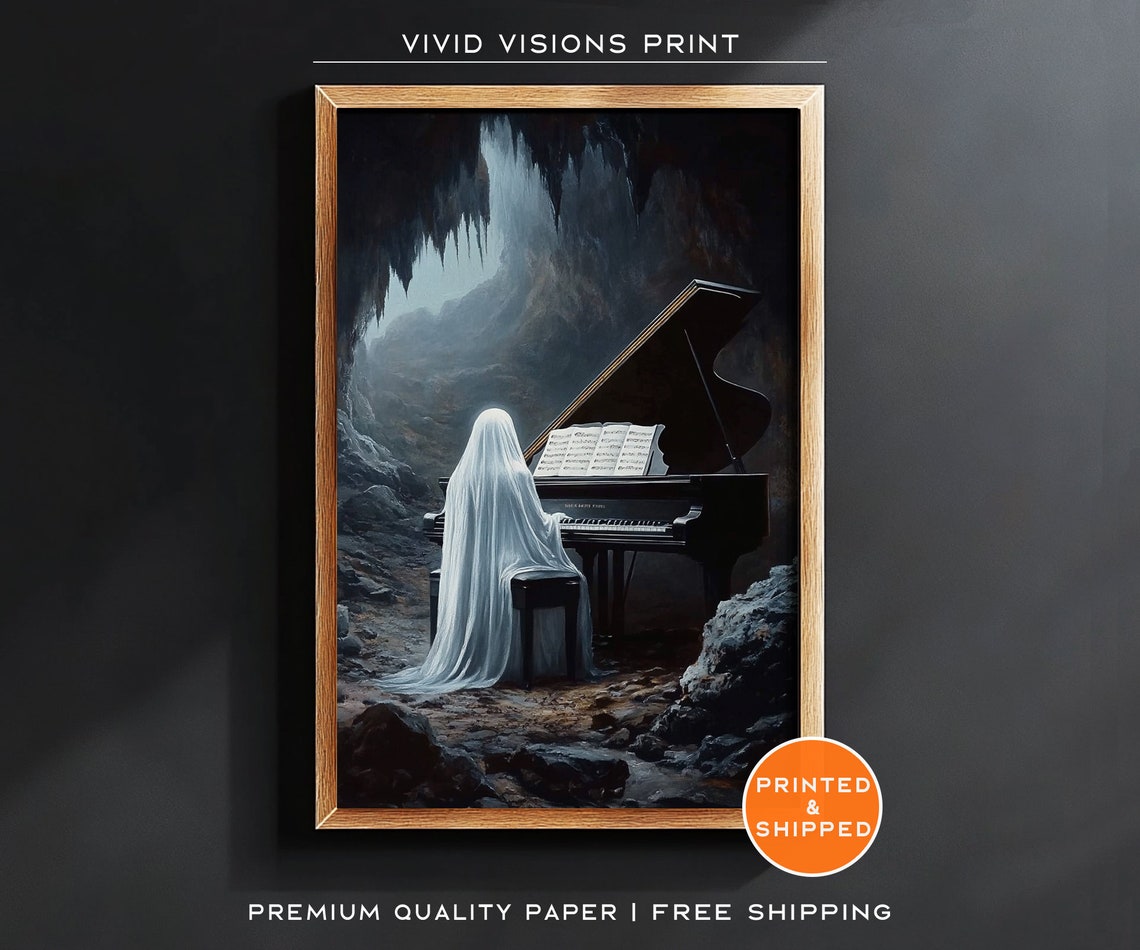 Ghost Playing A Grand Piano In A Cave Poster Gothic Halloween Artwork