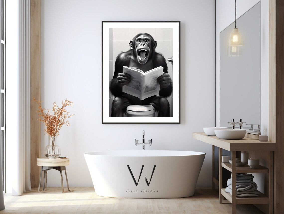 Laughing Chimp Reading Newspaper on the Toilet Funny Wall Poster - Image 3