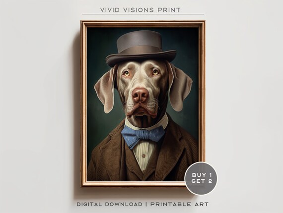 Cream Dog in a Gray Top Hat with Blue Bow Tie Vintage Dapper Poster