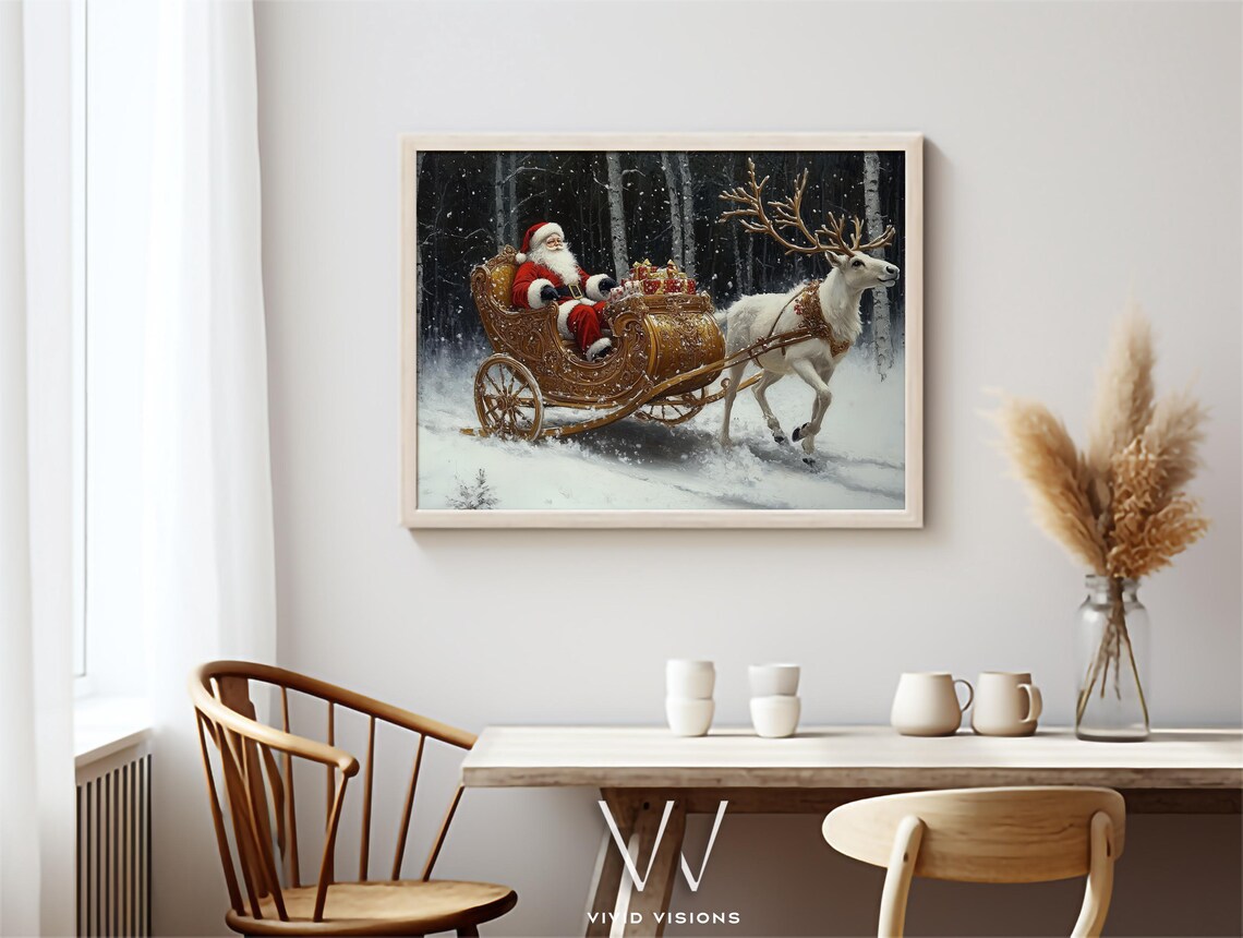 Santa In Ornate Sleigh, Elegant Christmas Art Print - Image 2