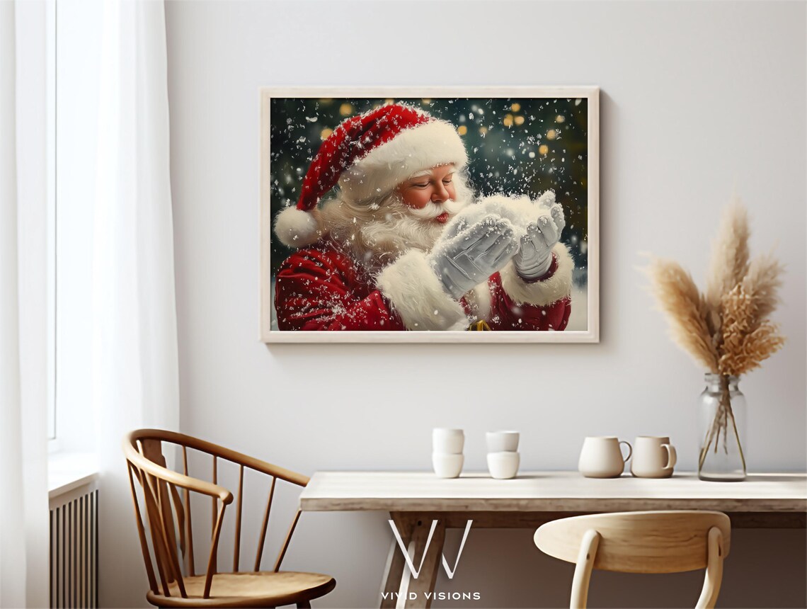 Santa Claus Blowing Snow Sparkling Christmas Night Scene Poster - Image 2