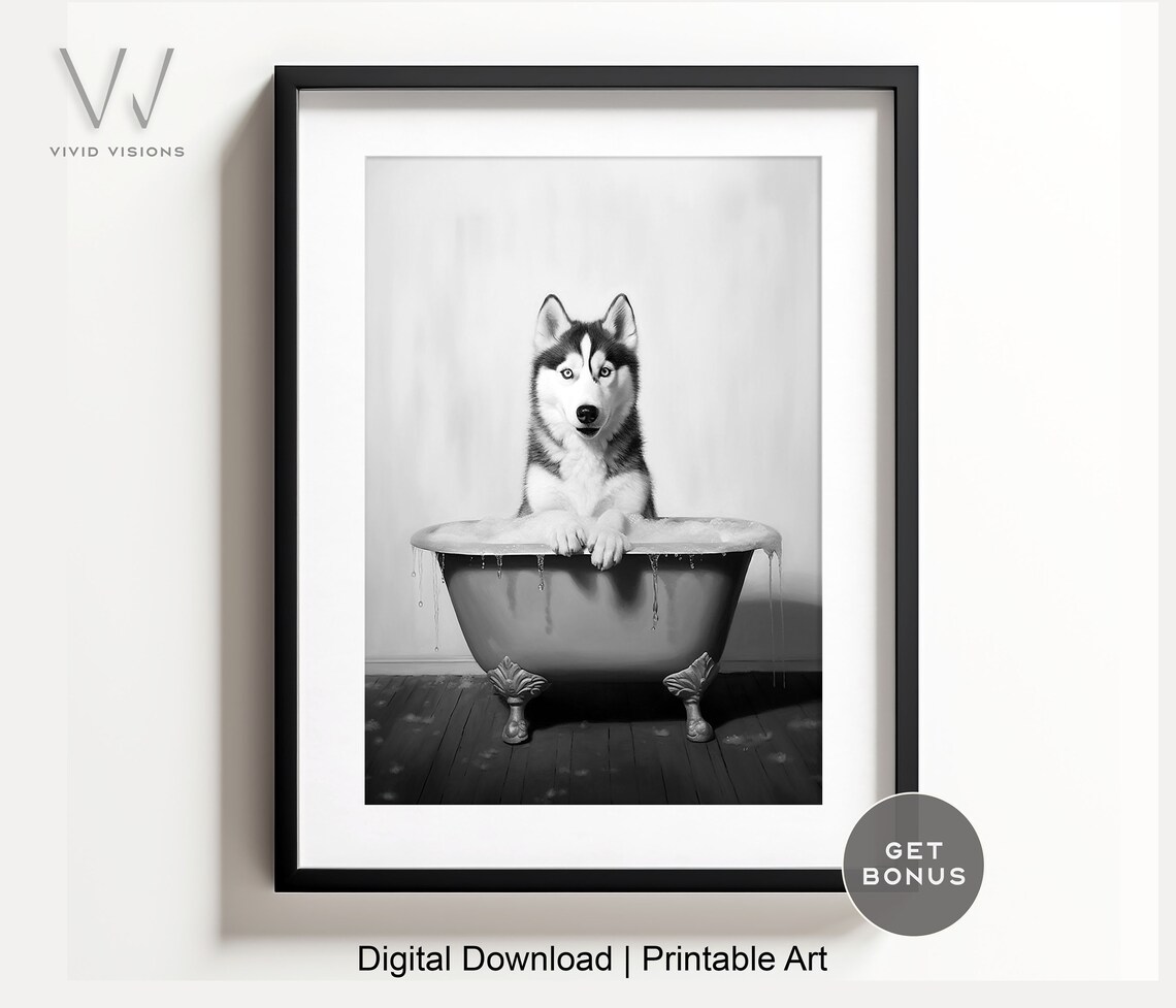 Siberian Husky in Vintage Bathtub Black White Bathroom Poster