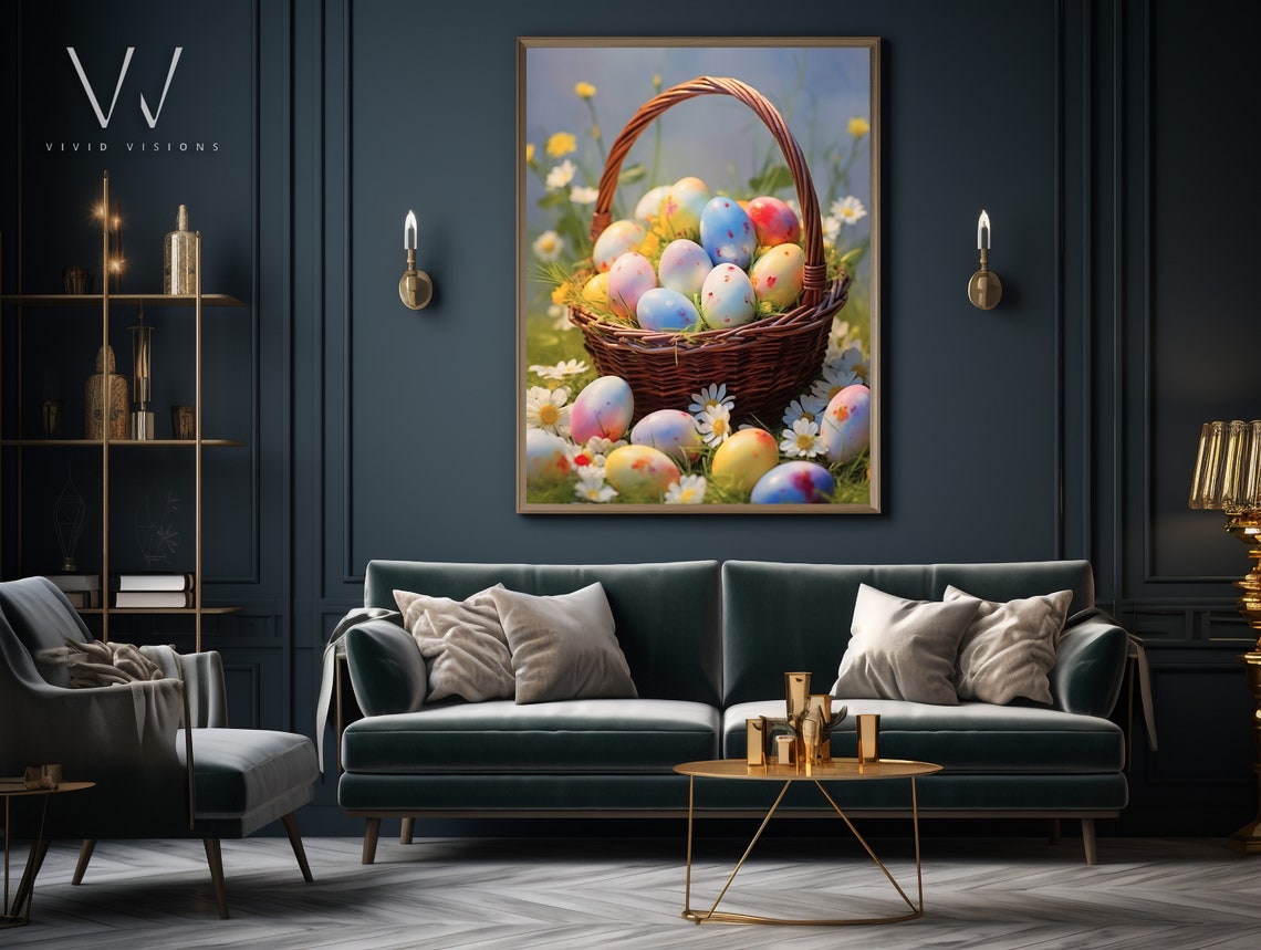Easter Basket of Pastel Eggs among Daisies Spring Meadow Poster - Image 3